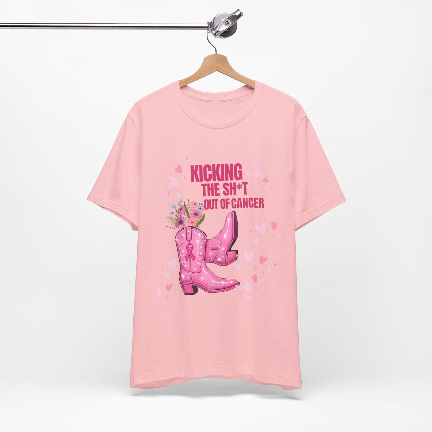 Kicking the Sh*t Out of Cancer Shirt – Pink Glitter Cowgirl Boots Tee, Breast Cancer Awareness Graphic, Bold Survivor Shirt, Multiple Colors and Sizes