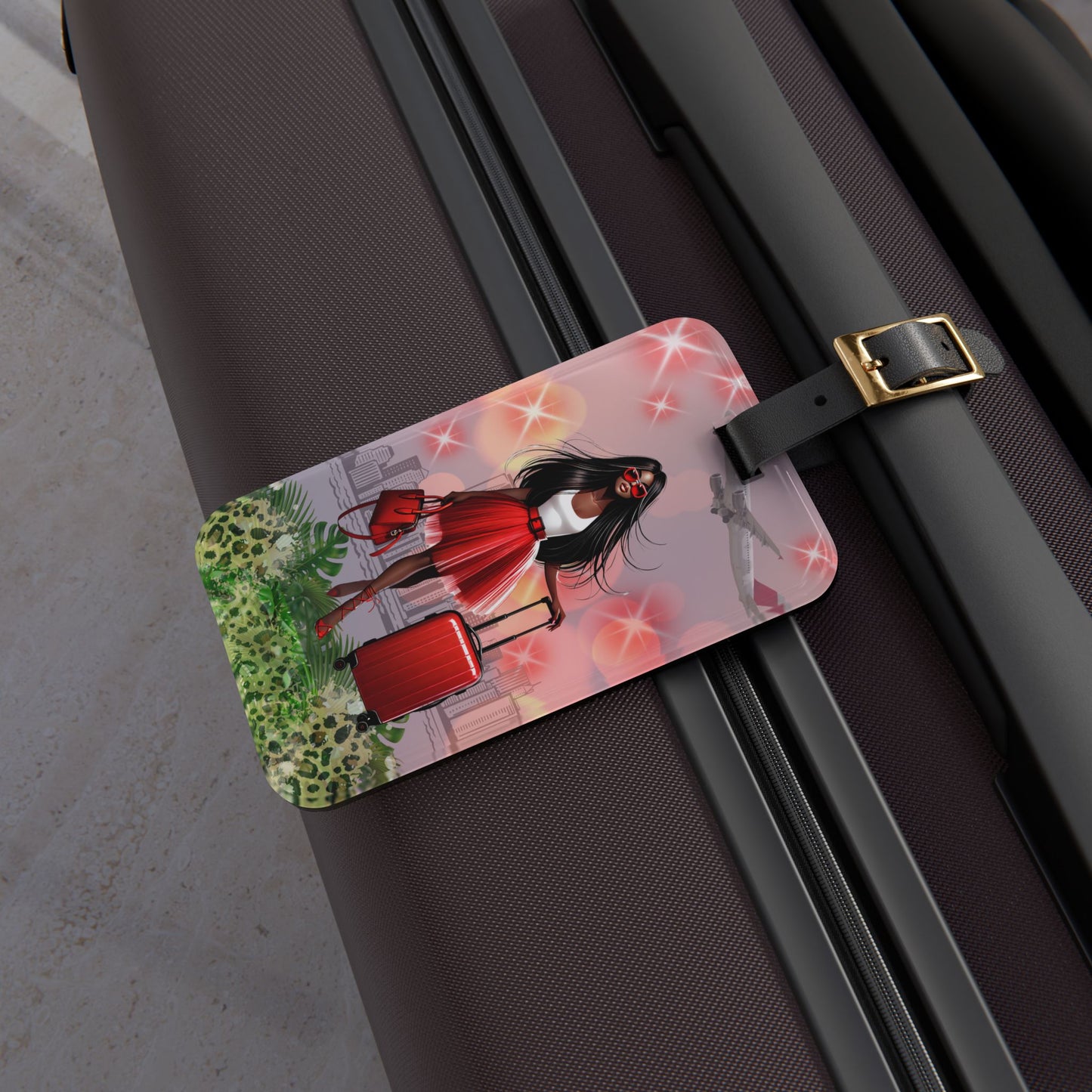 Chic Travel Luggage Tag Stylish African American Woman with Red Suitcase Design