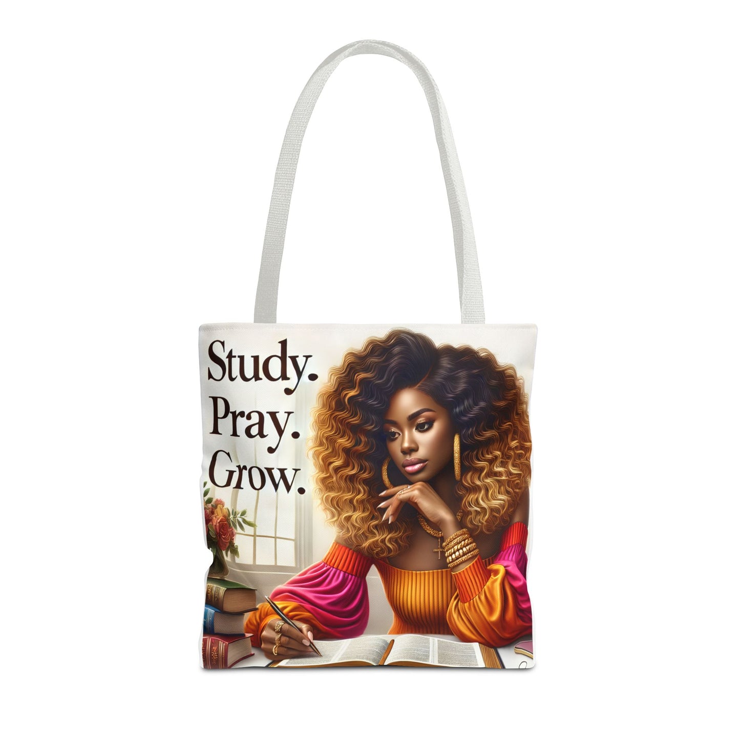 Inspirational Prayer Tote Bag with African American Lady that Says Study. Pray. Grow.