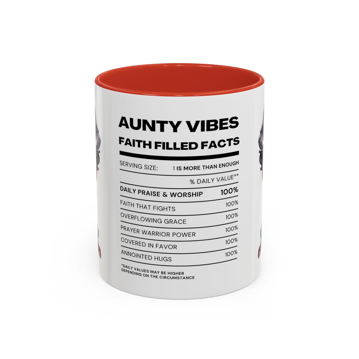 Aunty Vibes Coffee and Faith Filled Nutrition Facts Afrocentric White Mug with Contrasting Colors 11 oz