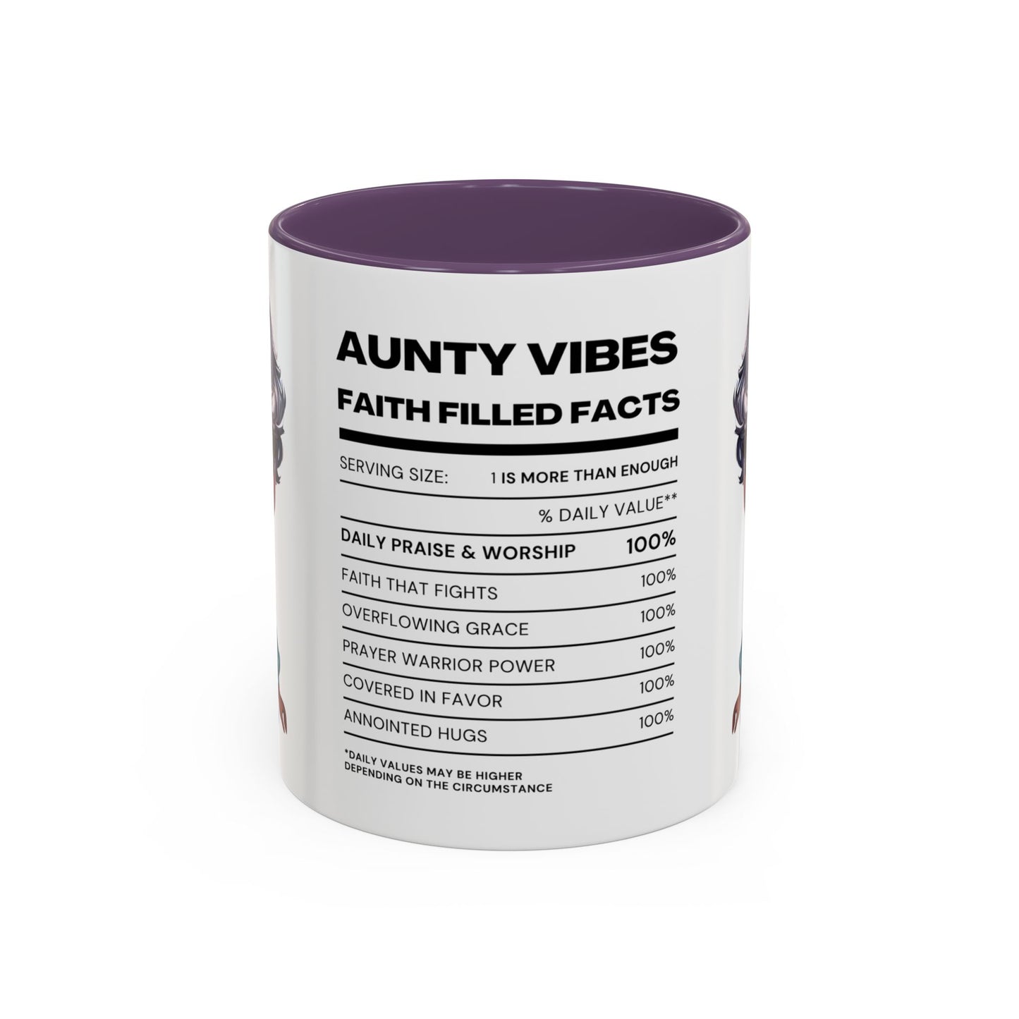 Aunty Vibes Coffee and Faith Filled Nutrition Facts Afrocentric White Mug with Contrasting Colors 11 oz