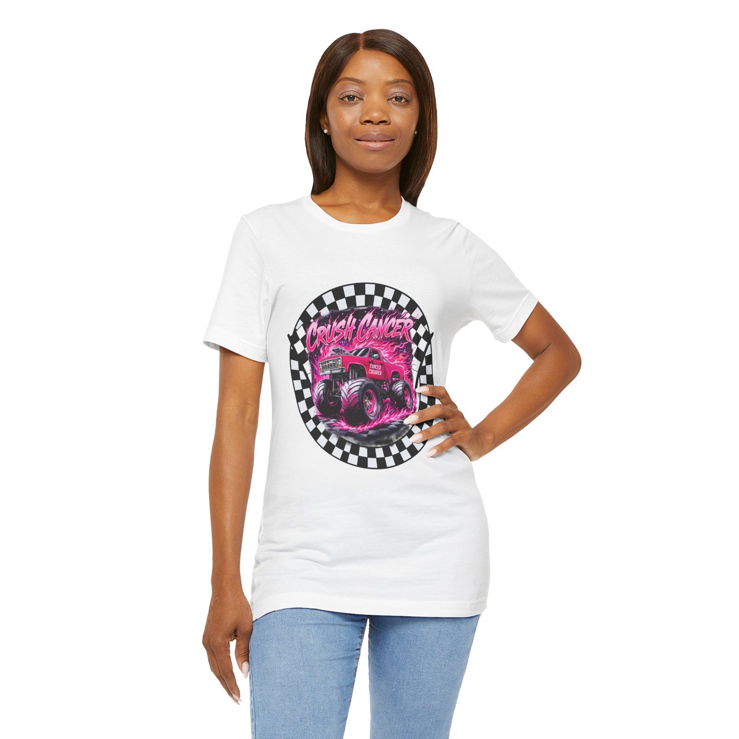 Pink Monster Truck "Crush Cancer" Breast Cancer Awareness T-Shirt – Black & White Checkered Graphic Tee