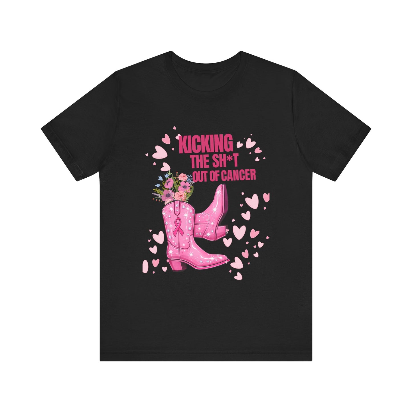 Kicking the Sh*t Out of Cancer Shirt – Pink Glitter Cowgirl Boots Tee, Breast Cancer Awareness Graphic, Bold Survivor Shirt, Multiple Colors and Sizes