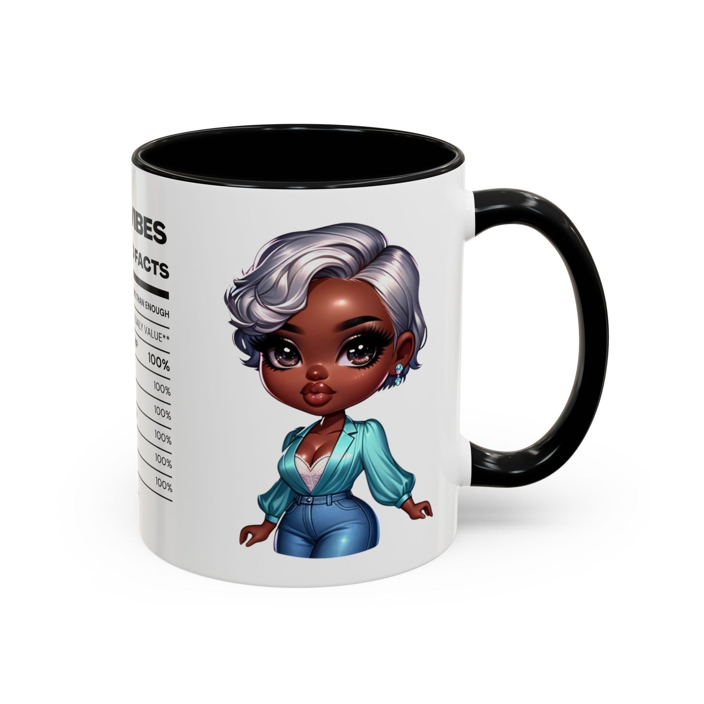 Aunty Vibes Coffee and Faith Filled Nutrition Facts Afrocentric White Mug with Contrasting Colors 11 oz