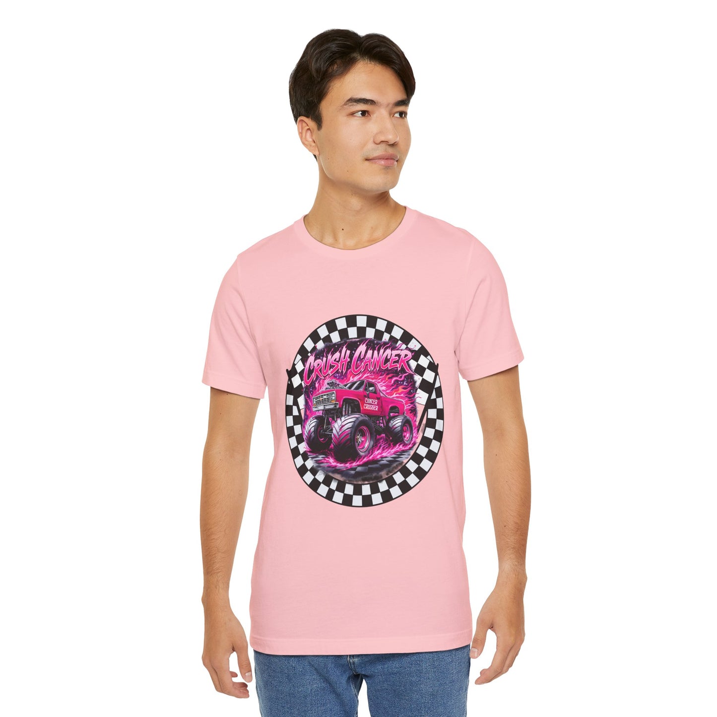 Pink Monster Truck "Crush Cancer" Breast Cancer Awareness T-Shirt – Black & White Checkered Graphic Tee