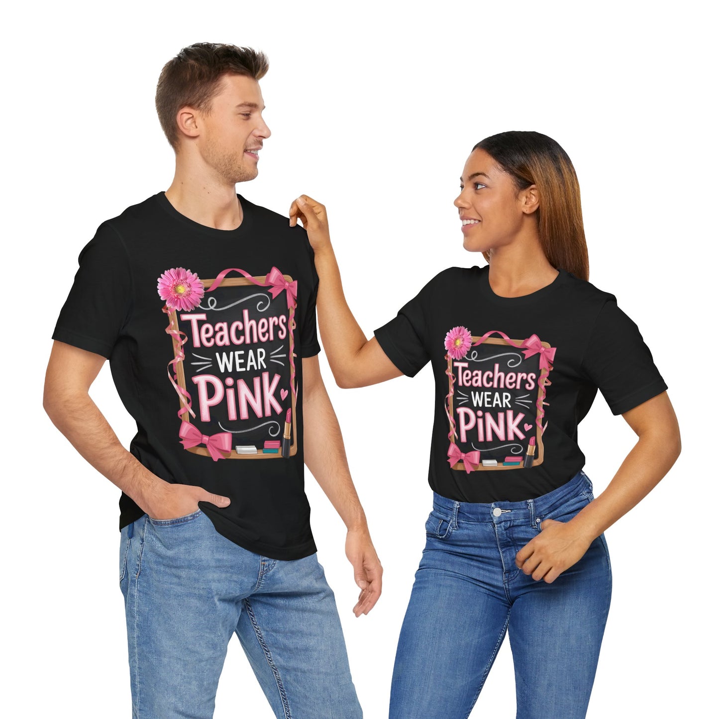 eachers Wear Pink Breast Cancer Awareness T-Shirt for Educators, Cute Pink Teacher Tee for October, Available in Pink, White, and Black