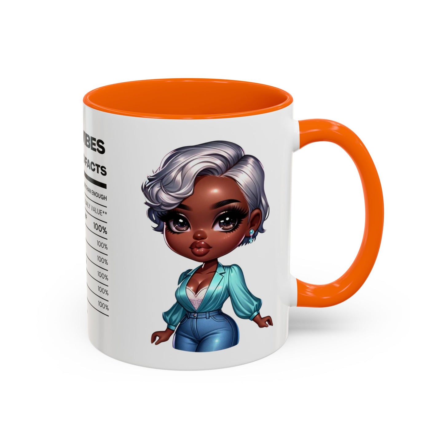 Aunty Vibes Coffee and Faith Filled Nutrition Facts Afrocentric White Mug with Contrasting Colors 11 oz