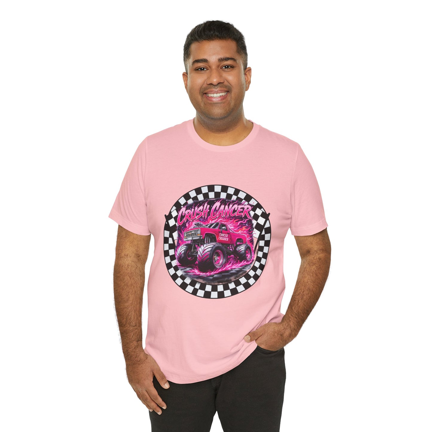 Pink Monster Truck "Crush Cancer" Breast Cancer Awareness T-Shirt – Black & White Checkered Graphic Tee