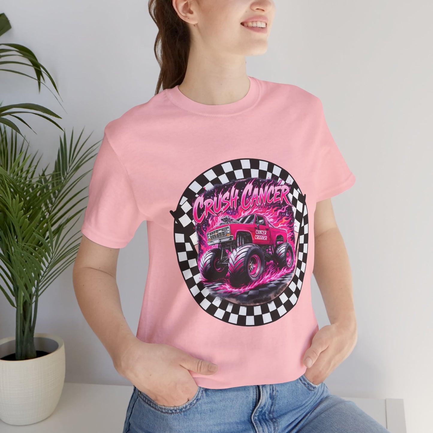 Pink Monster Truck "Crush Cancer" Breast Cancer Awareness T-Shirt – Black & White Checkered Graphic Tee