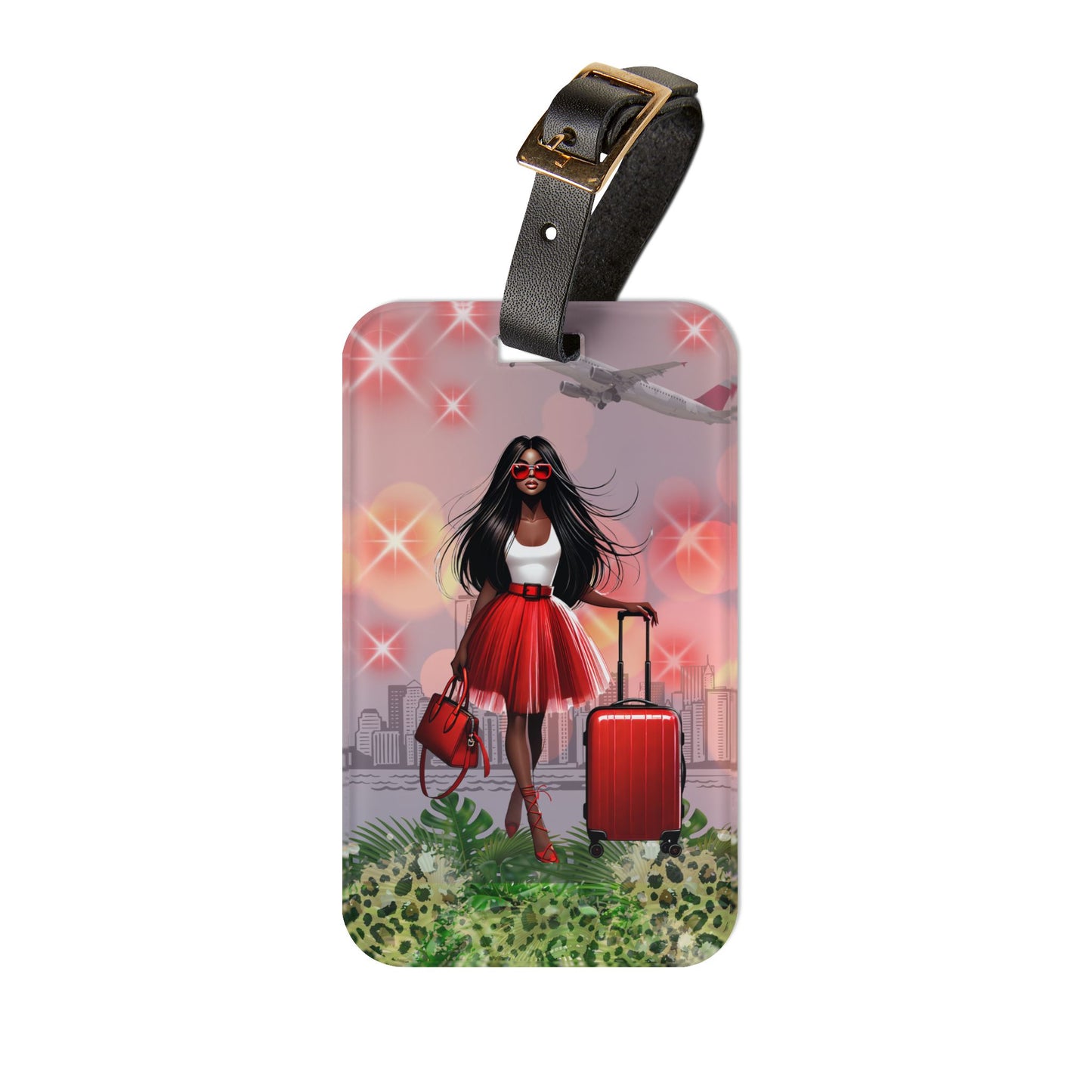 Chic Travel Luggage Tag Stylish African American Woman with Red Suitcase Design
