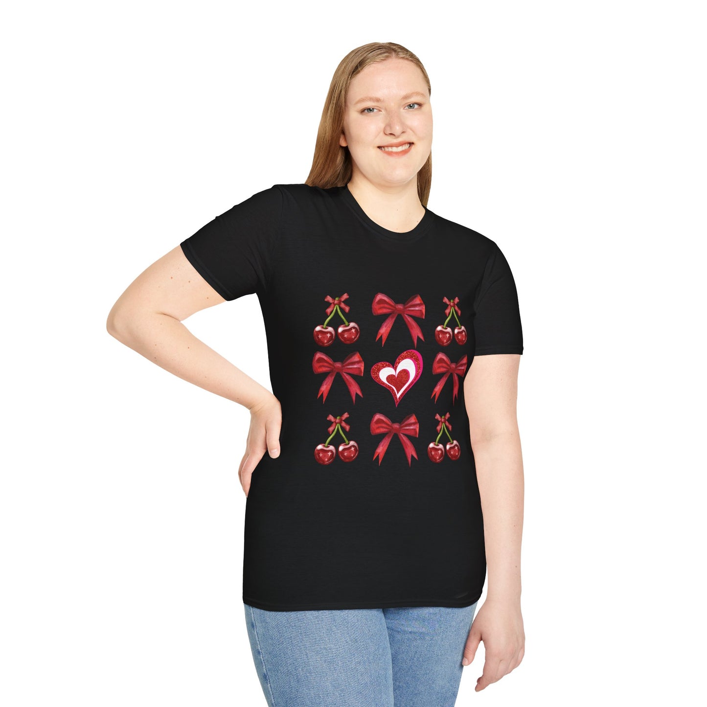 Valentine's Day Cherry Red Coquette Bow and Heart T Shirt