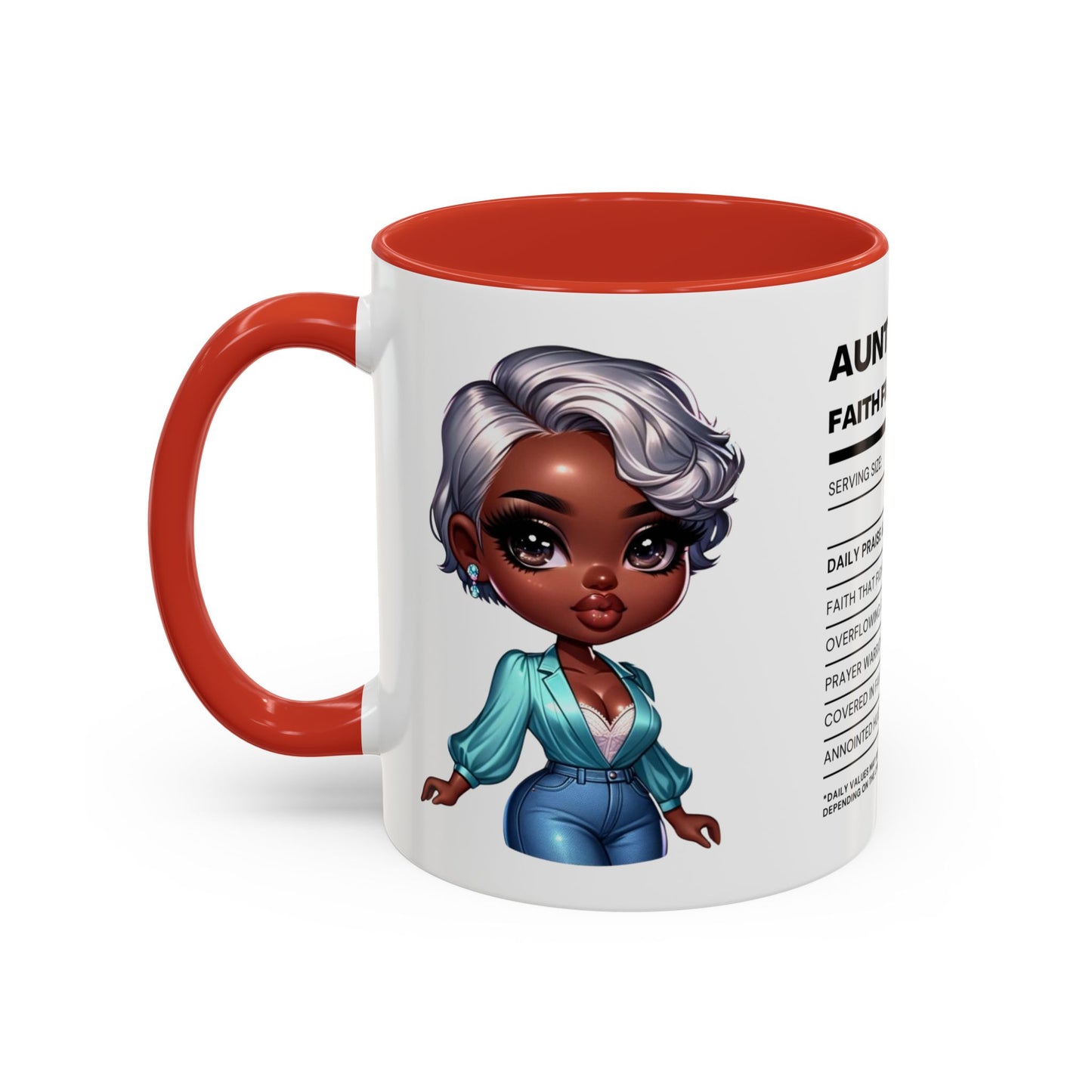 Aunty Vibes Coffee and Faith Filled Nutrition Facts Afrocentric White Mug with Contrasting Colors 11 oz