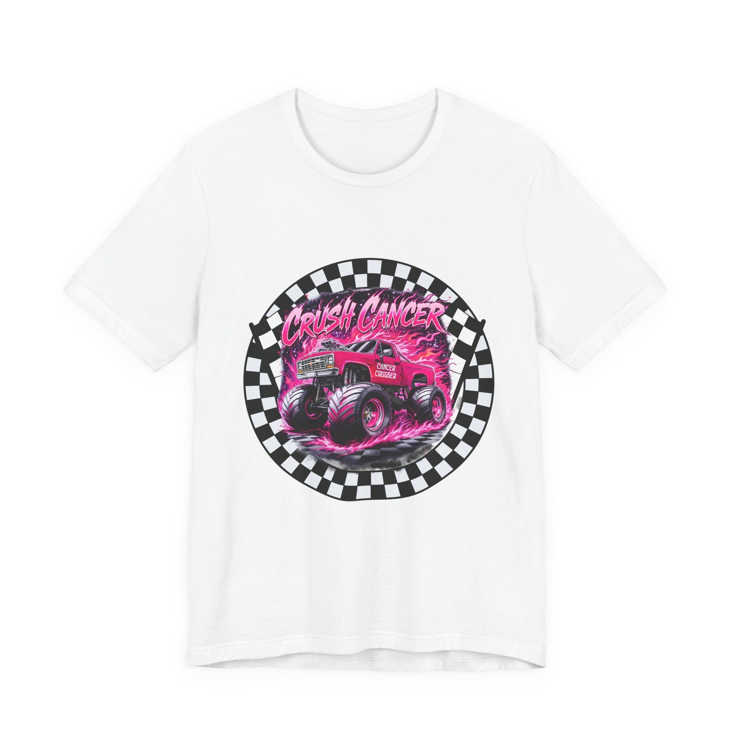 Pink Monster Truck "Crush Cancer" Breast Cancer Awareness T-Shirt – Black & White Checkered Graphic Tee