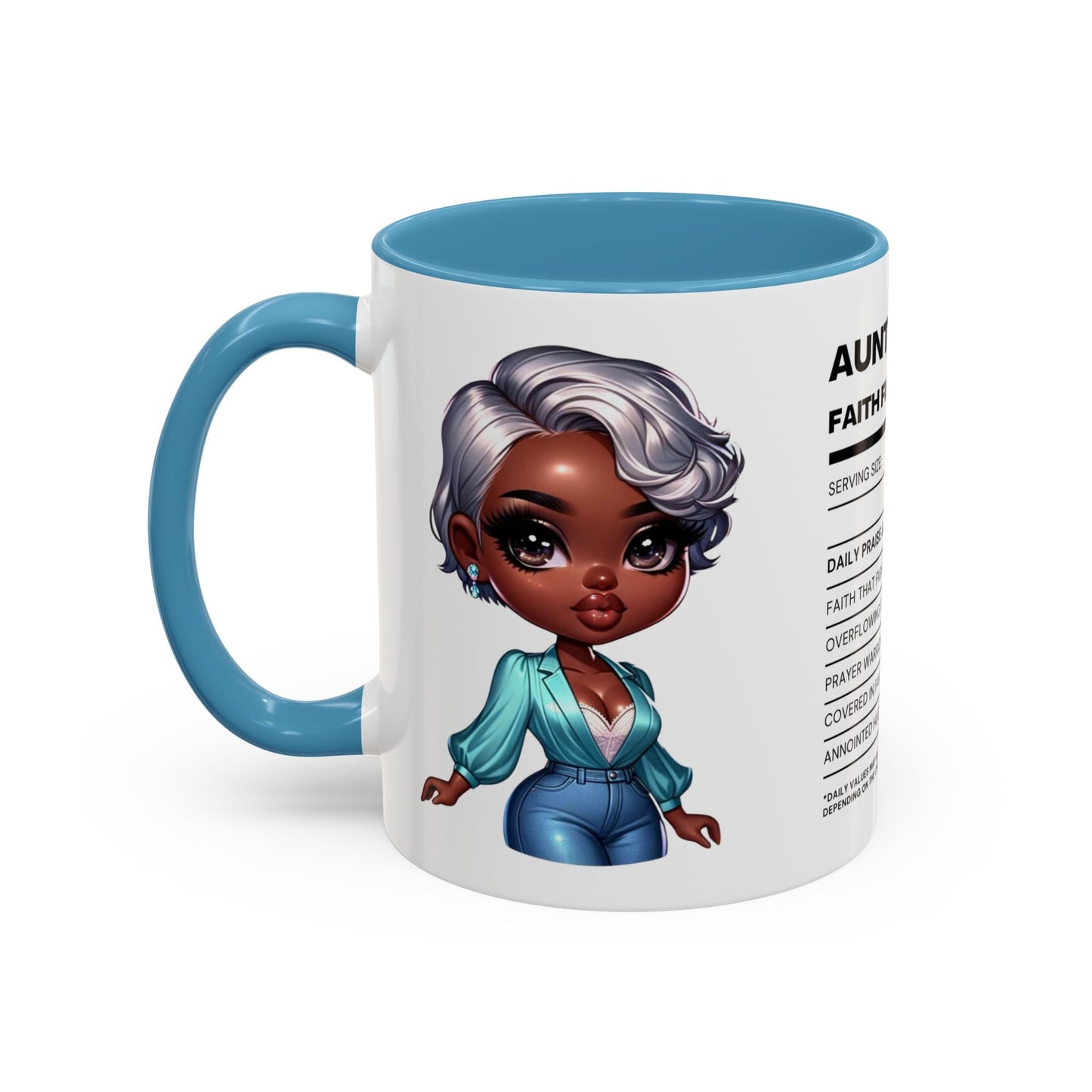 Aunty Vibes Coffee and Faith Filled Nutrition Facts Afrocentric White Mug with Contrasting Colors 11 oz