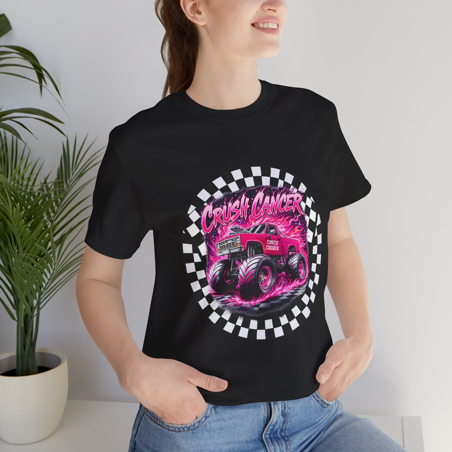 Pink Monster Truck "Crush Cancer" Breast Cancer Awareness T-Shirt – Black & White Checkered Graphic Tee