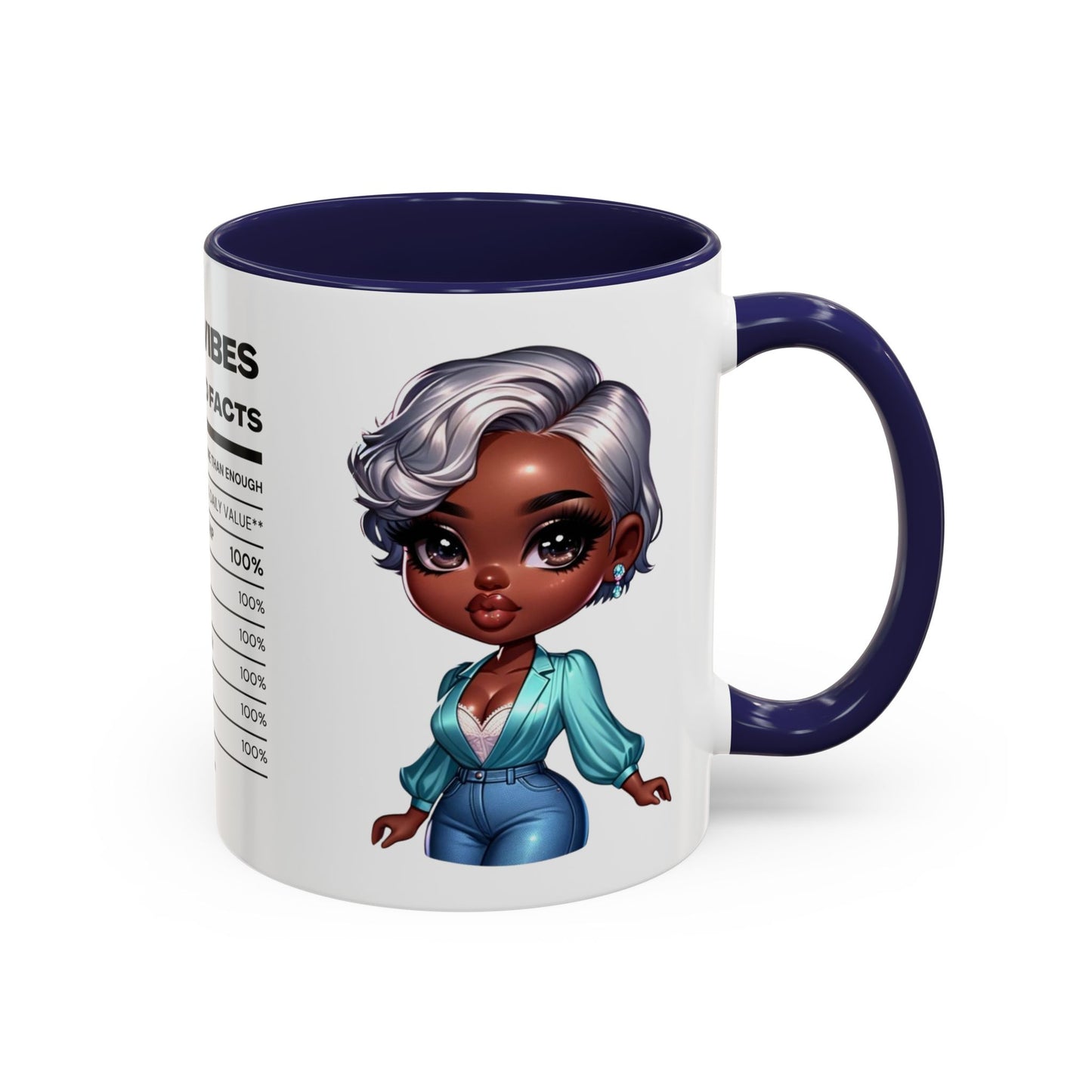 Aunty Vibes Coffee and Faith Filled Nutrition Facts Afrocentric White Mug with Contrasting Colors 11 oz