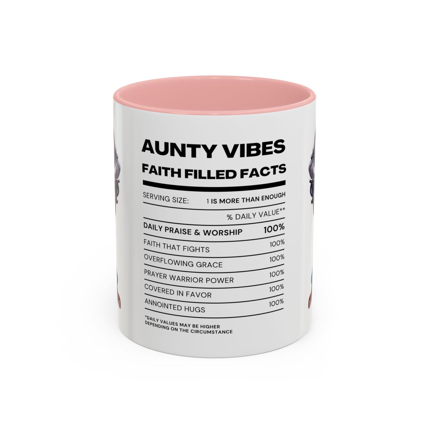Aunty Vibes Coffee and Faith Filled Nutrition Facts Afrocentric White Mug with Contrasting Colors 11 oz