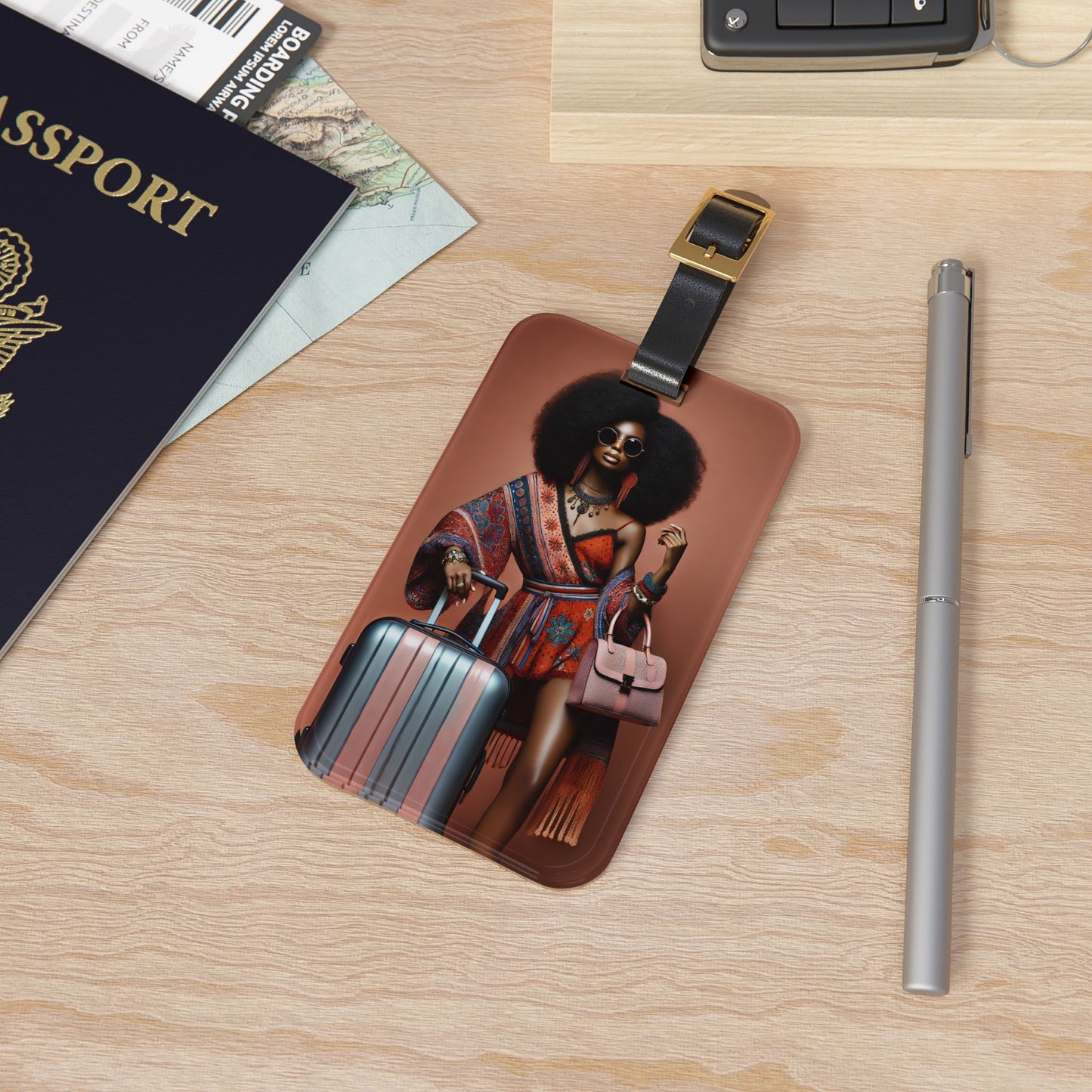 African American Luggage Tag featuring Boho Chic Travel Vibes Luggage Accessory