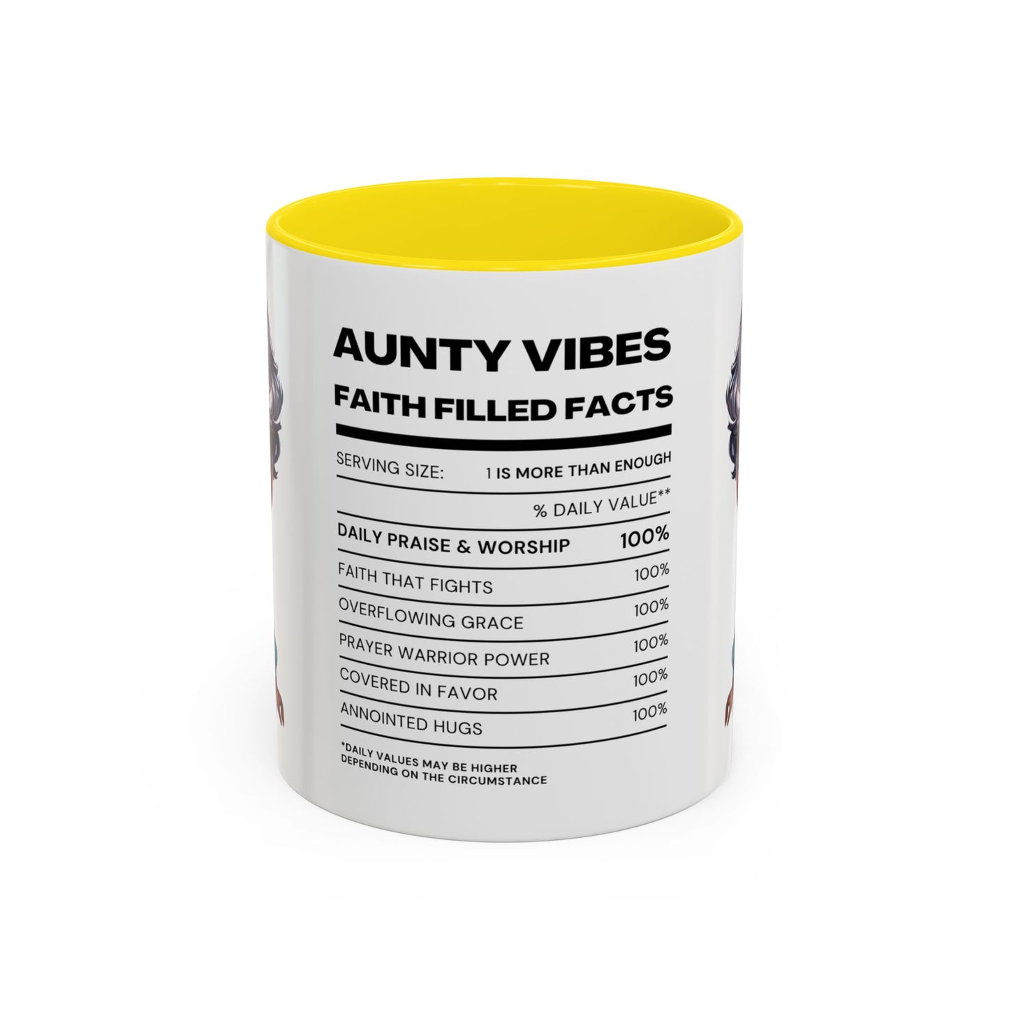 Aunty Vibes Coffee and Faith Filled Nutrition Facts Afrocentric White Mug with Contrasting Colors 11 oz