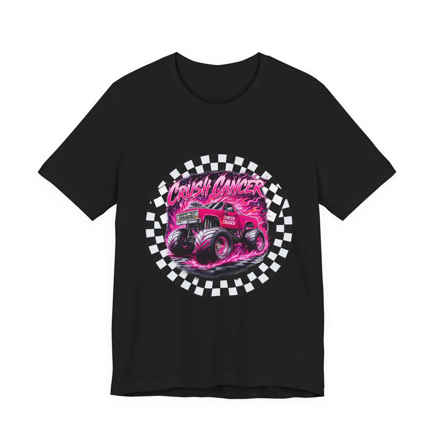 Pink Monster Truck "Crush Cancer" Breast Cancer Awareness T-Shirt – Black & White Checkered Graphic Tee