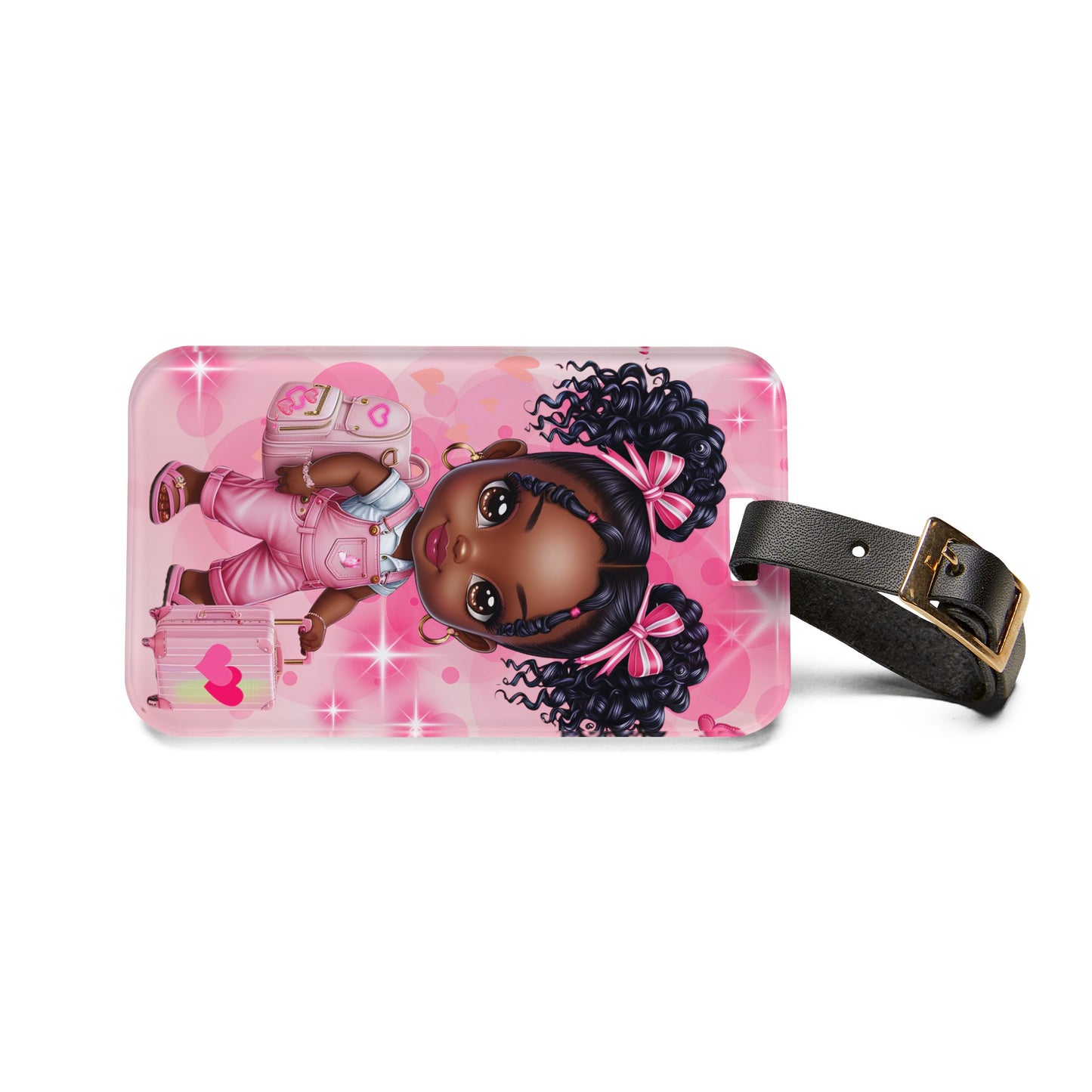 Pink Luggage Tag with African American Girl Design - Perfect Travel Accessory for Little Girls