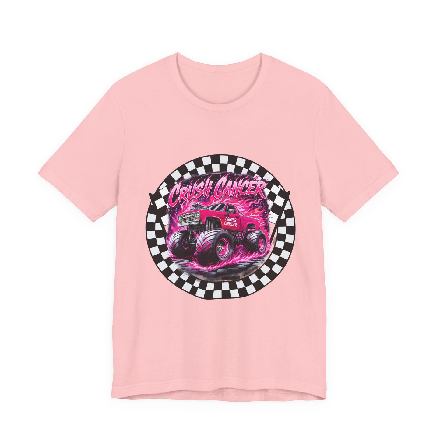 Pink Monster Truck "Crush Cancer" Breast Cancer Awareness T-Shirt – Black & White Checkered Graphic Tee