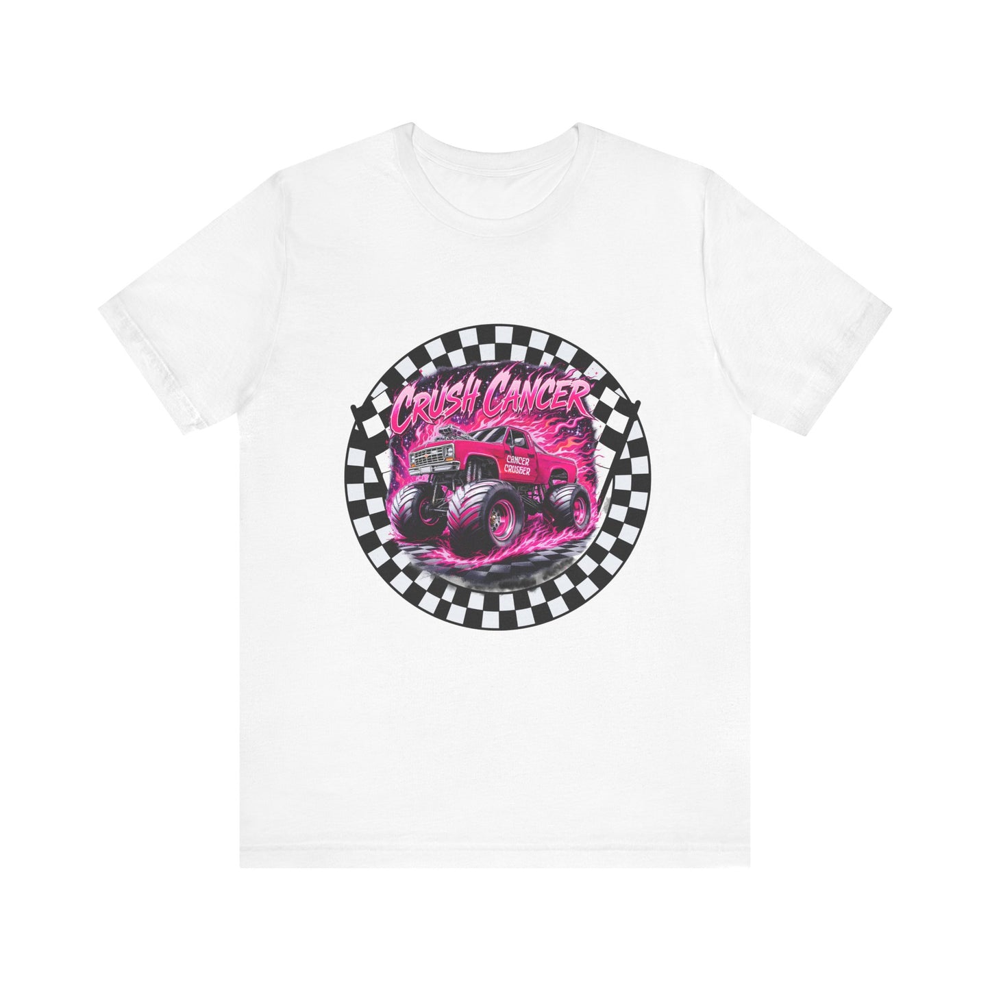 Pink Monster Truck "Crush Cancer" Breast Cancer Awareness T-Shirt – Black & White Checkered Graphic Tee