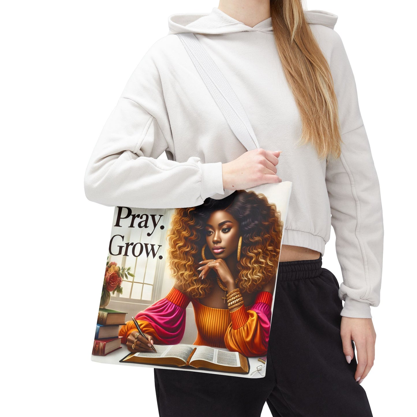Inspirational Prayer Tote Bag with African American Lady that Says Study. Pray. Grow.