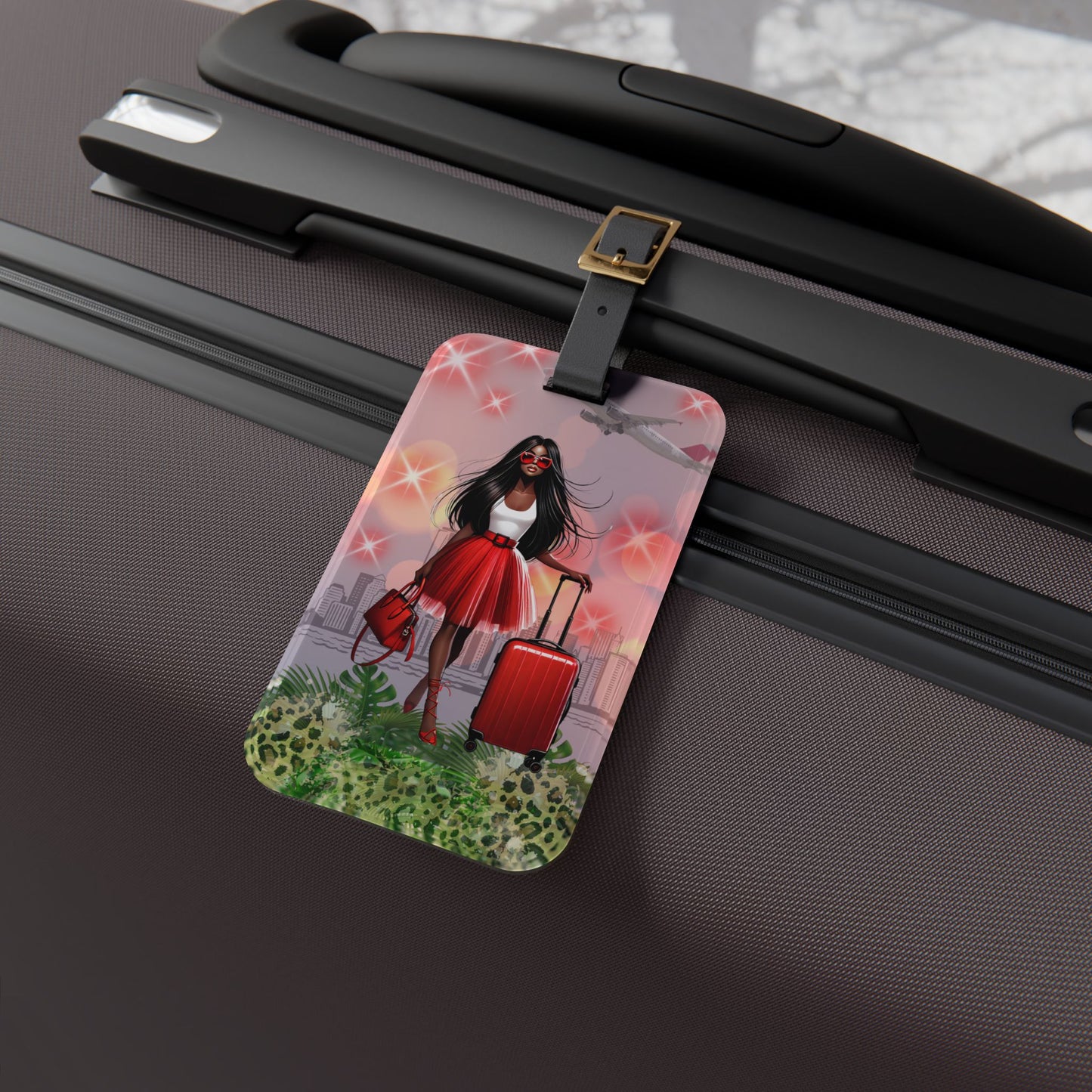 Chic Travel Luggage Tag Stylish African American Woman with Red Suitcase Design