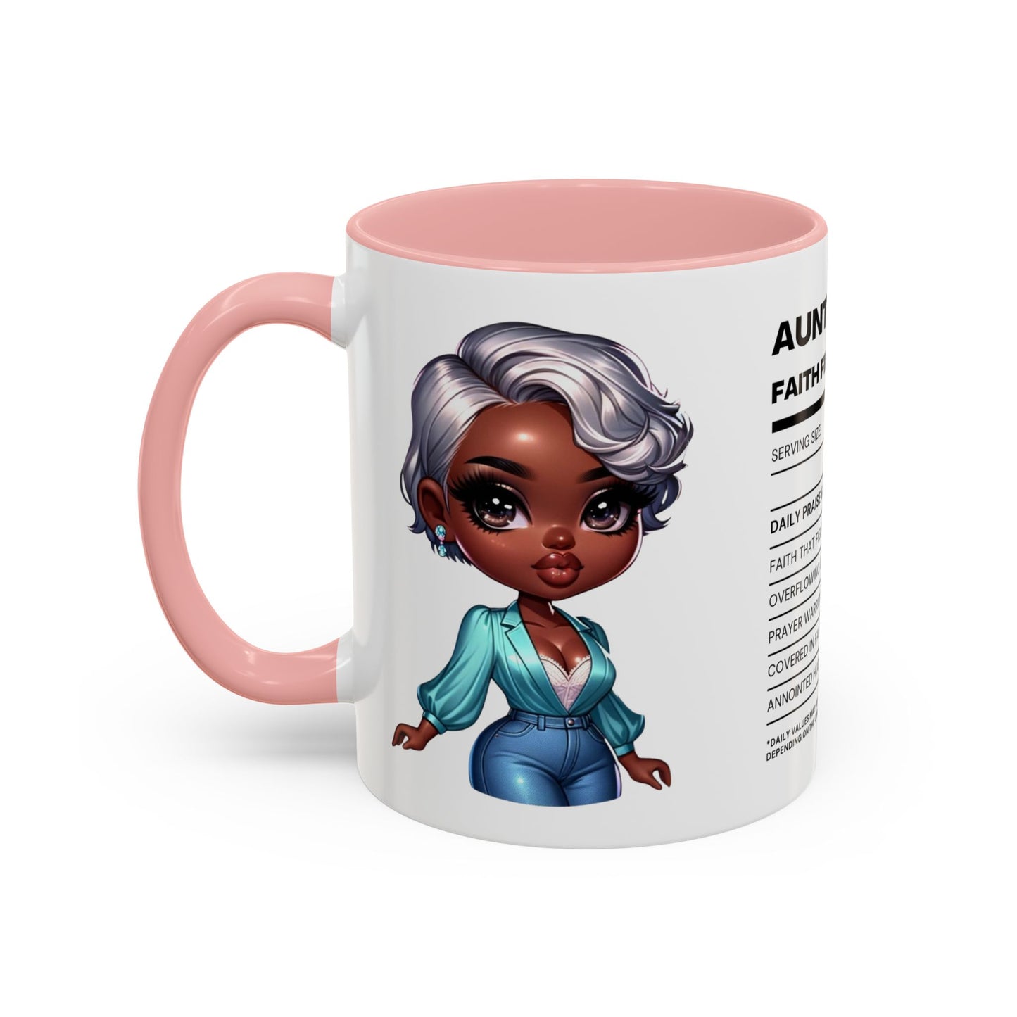 Aunty Vibes Coffee and Faith Filled Nutrition Facts Afrocentric White Mug with Contrasting Colors 11 oz