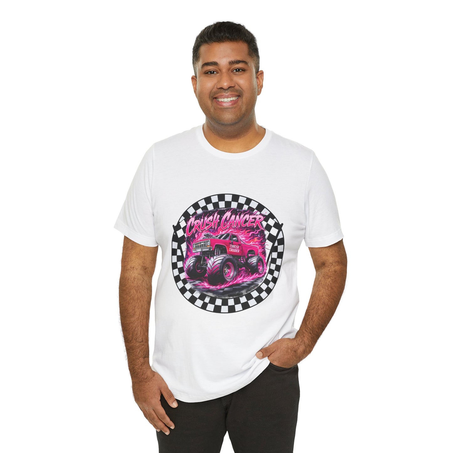 Pink Monster Truck "Crush Cancer" Breast Cancer Awareness T-Shirt – Black & White Checkered Graphic Tee