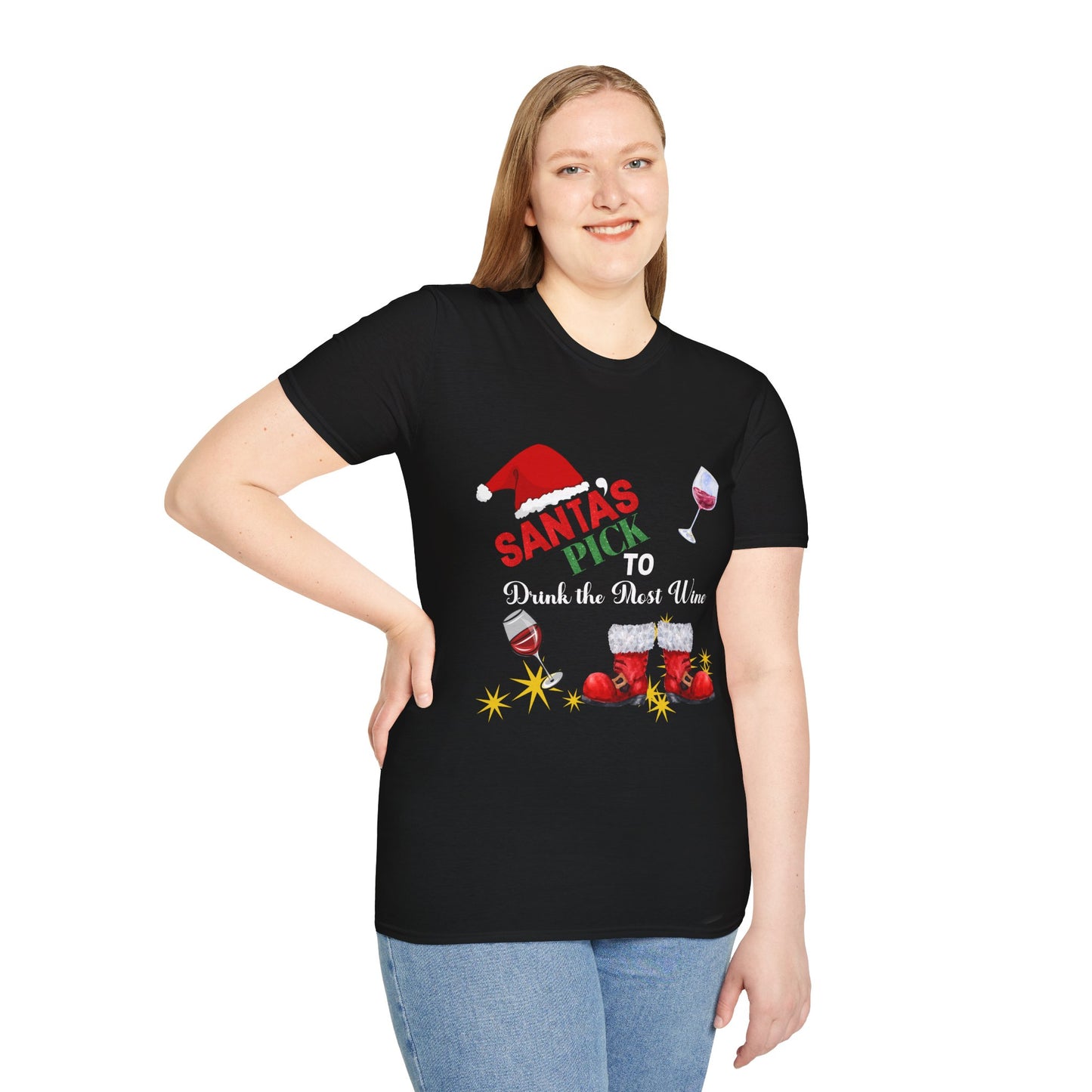 1A - Funny Christmas Unisex T-Shirt Santa's Pick To Drink The Most Wine