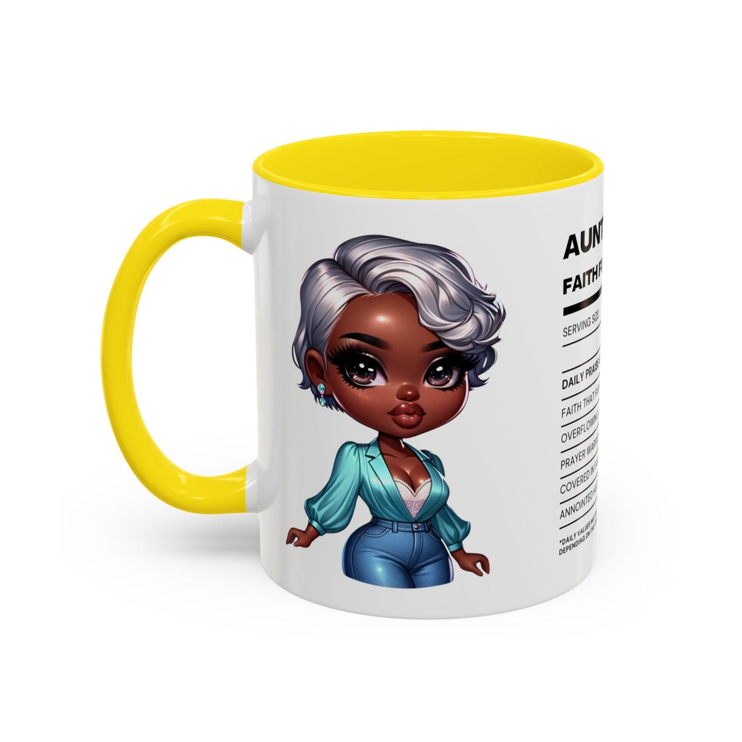 Aunty Vibes Coffee and Faith Filled Nutrition Facts Afrocentric White Mug with Contrasting Colors 11 oz