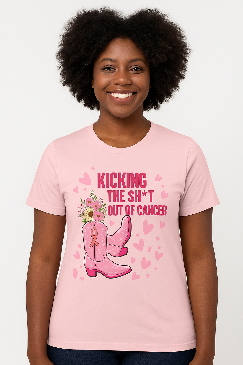 Kicking the Sh*t Out of Cancer Shirt – Pink Glitter Cowgirl Boots Tee, Breast Cancer Awareness Graphic, Bold Survivor Shirt, Multiple Colors and Sizes