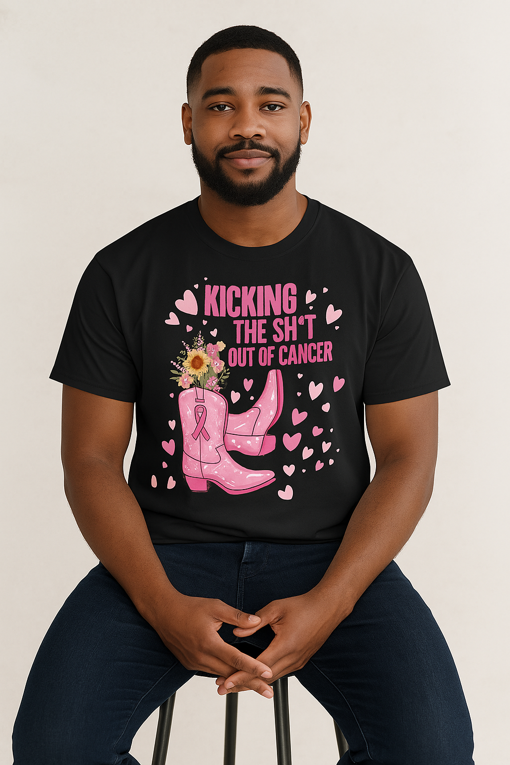 Kicking the Sh*t Out of Cancer Shirt – Pink Glitter Cowgirl Boots Tee, Breast Cancer Awareness Graphic, Bold Survivor Shirt, Multiple Colors and Sizes