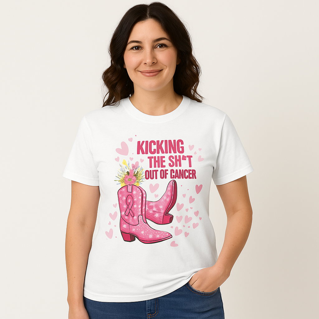 Kicking the Sh*t Out of Cancer Shirt – Pink Glitter Cowgirl Boots Tee, Breast Cancer Awareness Graphic, Bold Survivor Shirt, Multiple Colors and Sizes