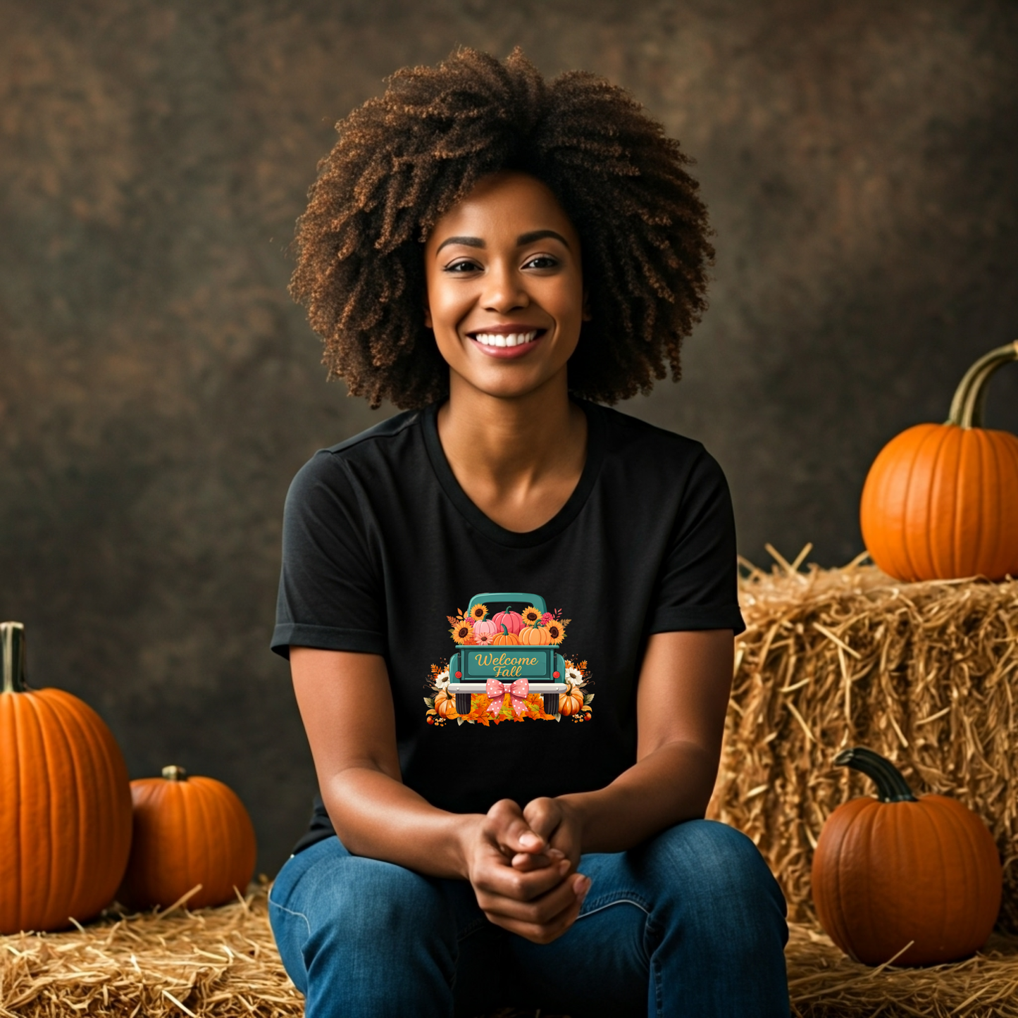 Welcome Fall Teal Truck T-Shirt Autumn Pumpkin Patch Thanksgiving Harvest Farmhouse Fall Graphic Tee