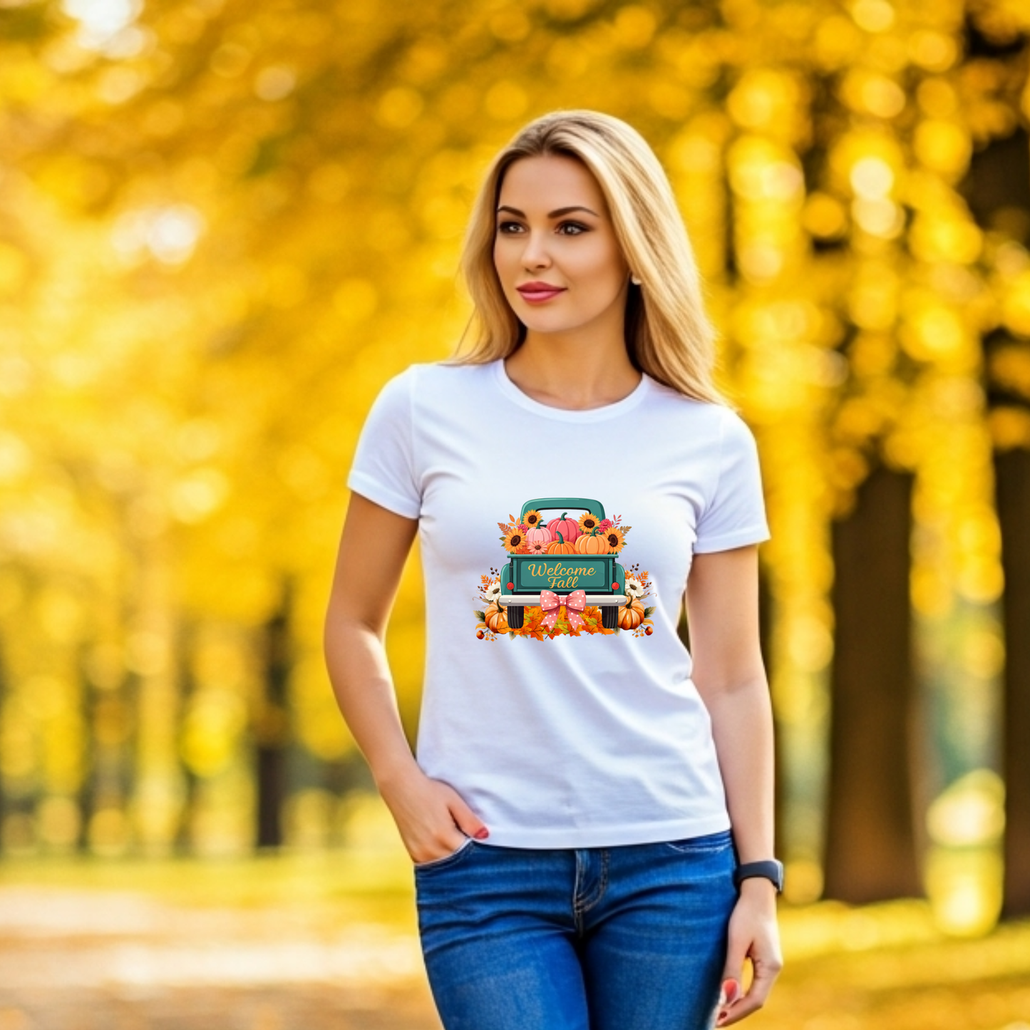 Welcome Fall Teal Truck T-Shirt Autumn Pumpkin Patch Thanksgiving Harvest Farmhouse Fall Graphic Tee