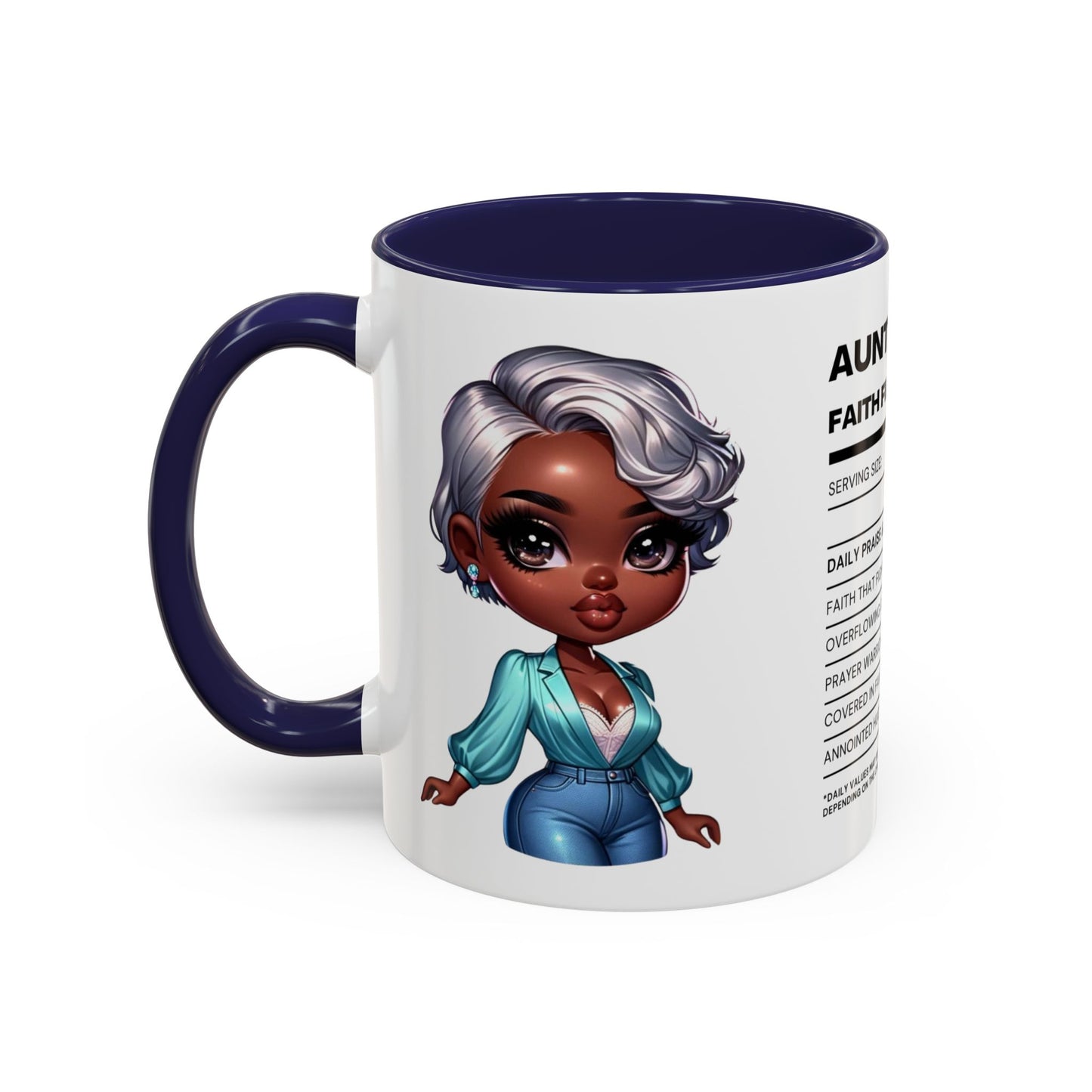 Aunty Vibes Coffee and Faith Filled Nutrition Facts Afrocentric White Mug with Contrasting Colors 11 oz