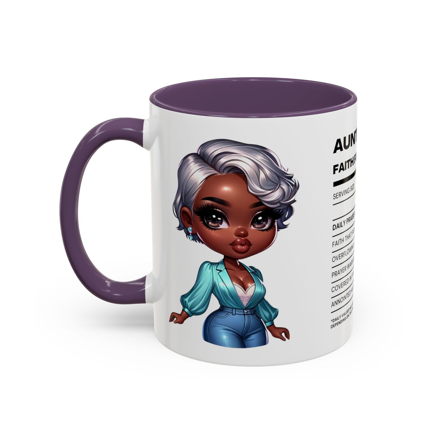 Aunty Vibes Coffee and Faith Filled Nutrition Facts Afrocentric White Mug with Contrasting Colors 11 oz