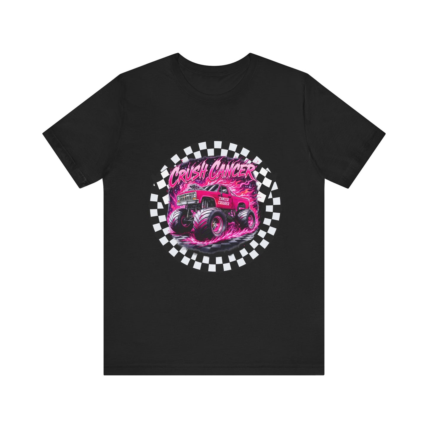 Pink Monster Truck "Crush Cancer" Breast Cancer Awareness T-Shirt – Black & White Checkered Graphic Tee