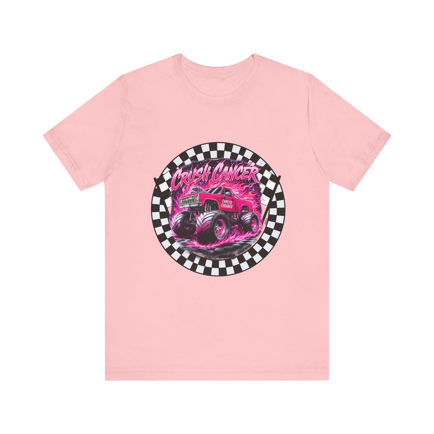 Pink Monster Truck "Crush Cancer" Breast Cancer Awareness T-Shirt – Black & White Checkered Graphic Tee
