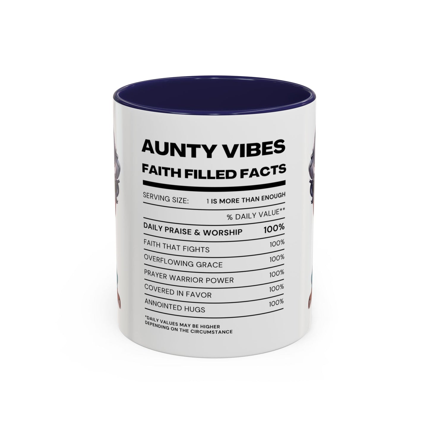 Aunty Vibes Coffee and Faith Filled Nutrition Facts Afrocentric White Mug with Contrasting Colors 11 oz