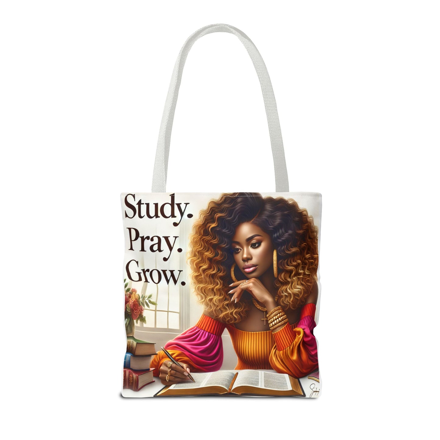 Inspirational Prayer Tote Bag with African American Lady that Says Study. Pray. Grow.