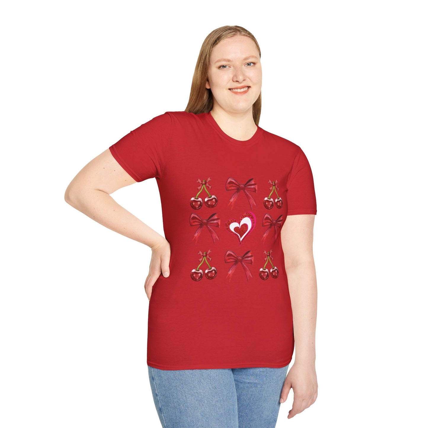 Valentine's Day Cherry Red Coquette Bow and Heart T Shirt