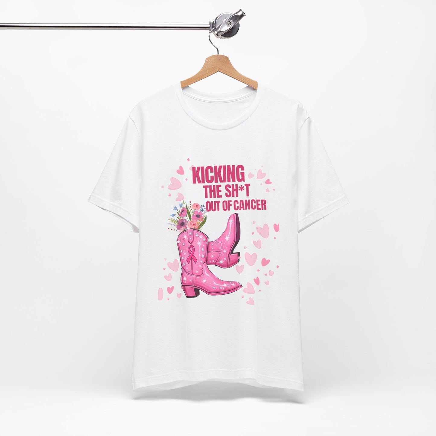 Kicking the Sh*t Out of Cancer Shirt – Pink Glitter Cowgirl Boots Tee, Breast Cancer Awareness Graphic, Bold Survivor Shirt, Multiple Colors and Sizes