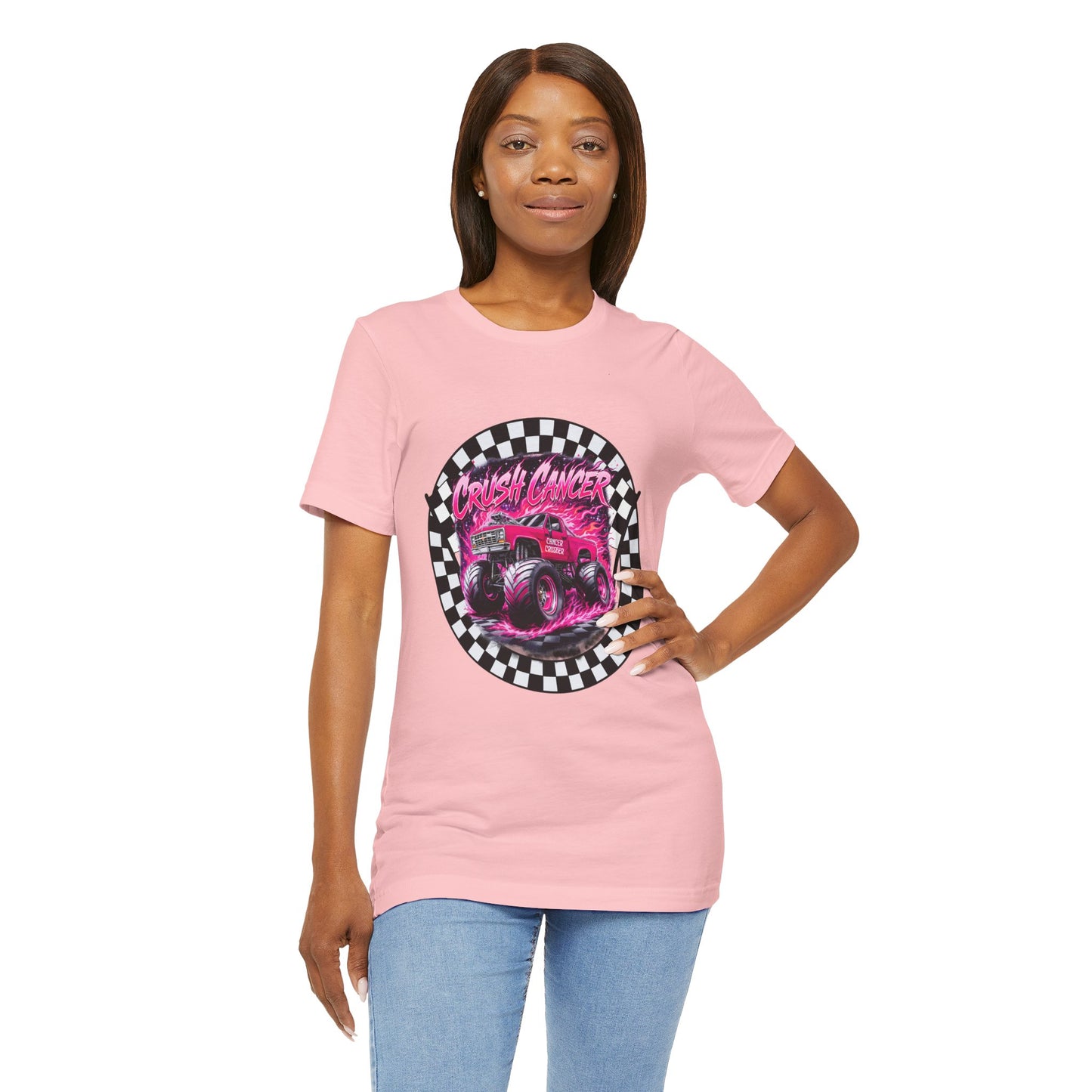 Pink Monster Truck "Crush Cancer" Breast Cancer Awareness T-Shirt – Black & White Checkered Graphic Tee