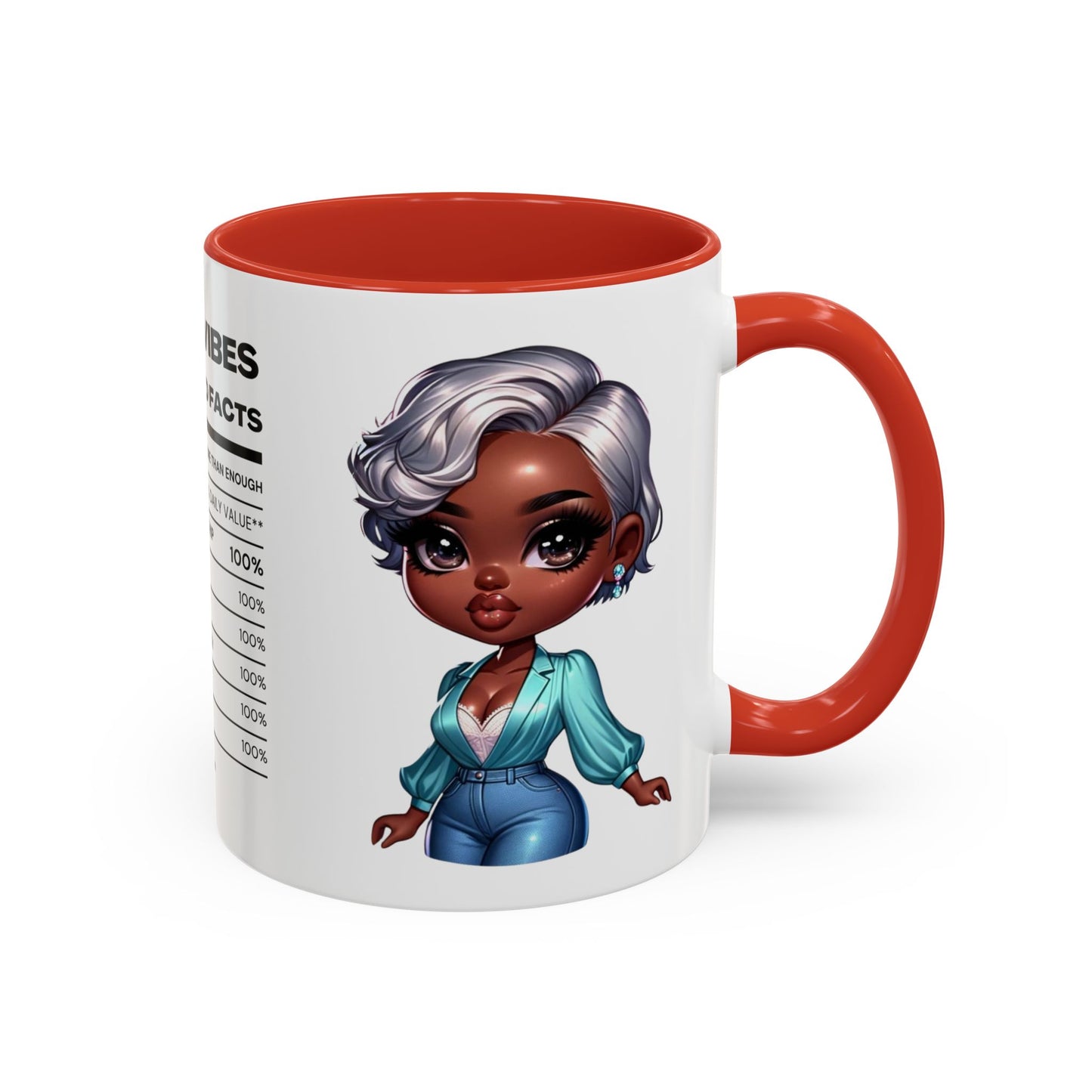 Aunty Vibes Coffee and Faith Filled Nutrition Facts Afrocentric White Mug with Contrasting Colors 11 oz