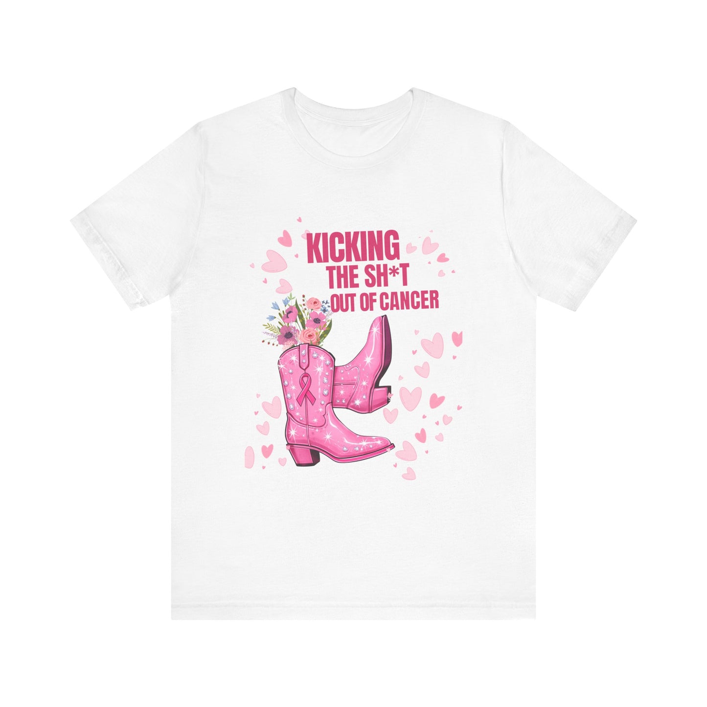 Kicking the Sh*t Out of Cancer Shirt – Pink Glitter Cowgirl Boots Tee, Breast Cancer Awareness Graphic, Bold Survivor Shirt, Multiple Colors and Sizes