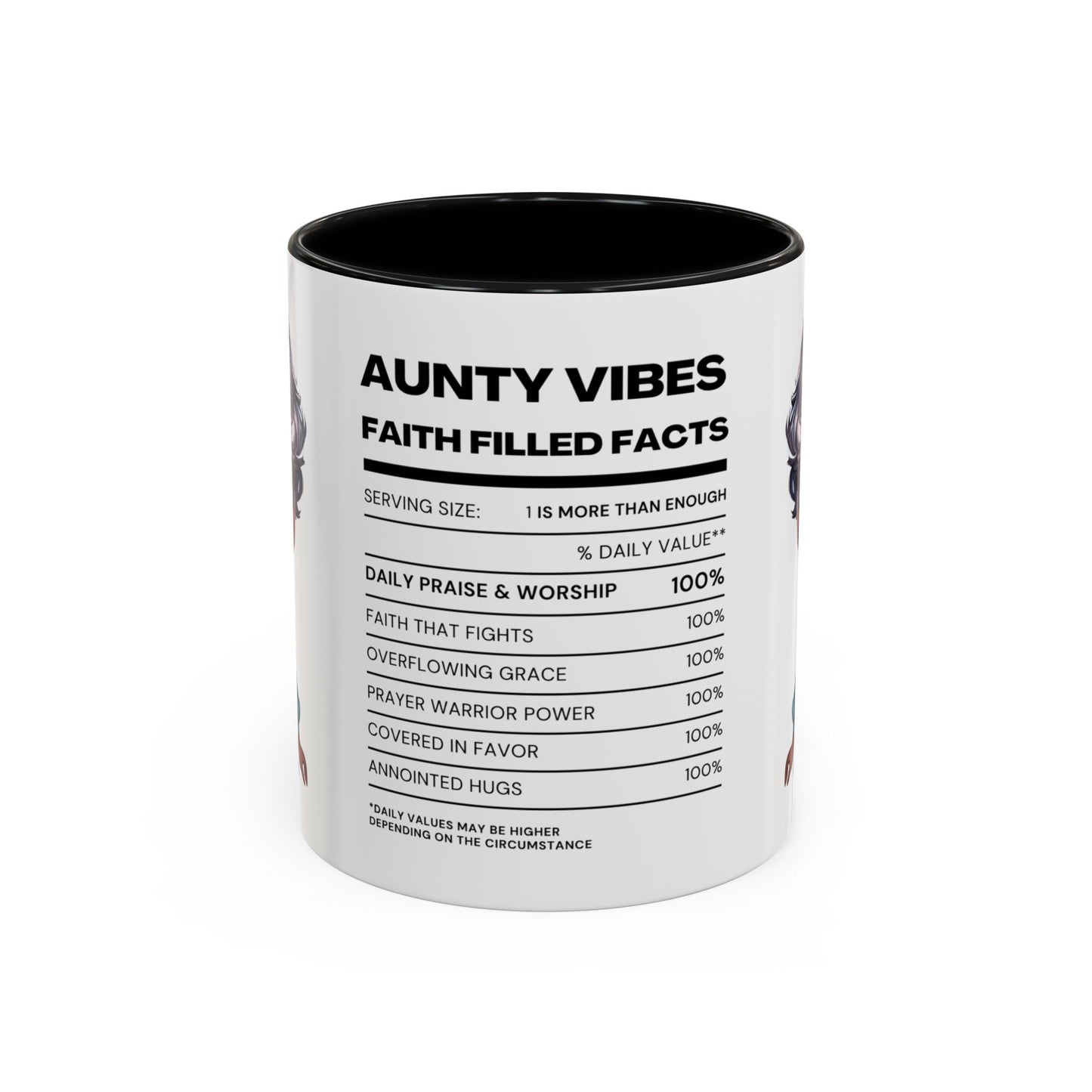 Aunty Vibes Coffee and Faith Filled Nutrition Facts Afrocentric White Mug with Contrasting Colors 11 oz